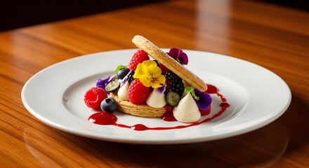 Gourmet Dessert Delight: An exquisite dessert creation, elegantly presented on a pristine white plate, featuring a symphony of fresh berries and delicate edible flowers, drizzled with a vibrant sauce.