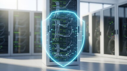 A server room with illuminated security shield overlay highlighting a server cabinet