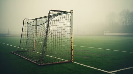 Empty soccer goal on foggy field during early morning
