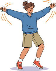 Dancing person, cartoon character, blue sweater, khaki shorts, red sneakers, motion lines, energetic pose, cheerful expression, active theme, flat vector illustration