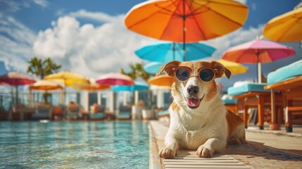 A cheerful dog relaxes by the shimmering pool donning stylish sunglasses. Bright umbrellas provide shade while people lounge nearby enjoying the sunny day.
