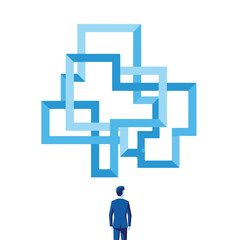 Businessman Contemplating Blue Complex Intertwined Geometric Shapes Vector Illustration