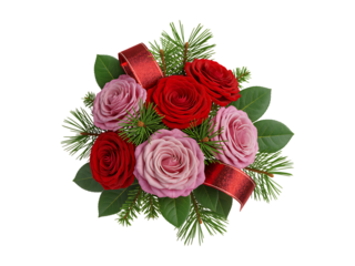 Romantic Bouquet of Red and Pink Roses with Evergreen and Ribbon isolated on a transparent background