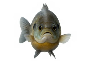 Bluegill fish swimming forward with a sad countenance, an isolated aquatic animal showing a sense of solitude