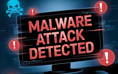 Malware Attack Detected Background with Digital Warning Symbols