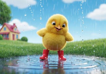 Cute Yellow Chick Paddling in Rain Puddle with Red Boots and Colorful Background Near a House