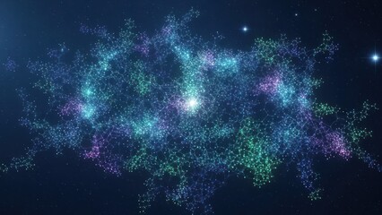 Abstract digital art of a celestial network in shades of blue, green, and purple