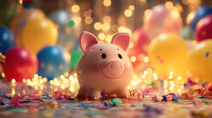 A delightful piggy bank sits at the center of a festive celebration surrounded by colorful balloons and scattered confetti. Twinkling lights create a magical atmosphere for a special event.