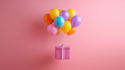A pink gift box floats in the air attached to a collection of colorful balloons. The playful scene captures the joy of a festive celebration perfect for any special occasion.