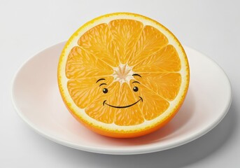 Cute Smiling Orange Half on White Plate with Cheerful Expression for Fresh Concept