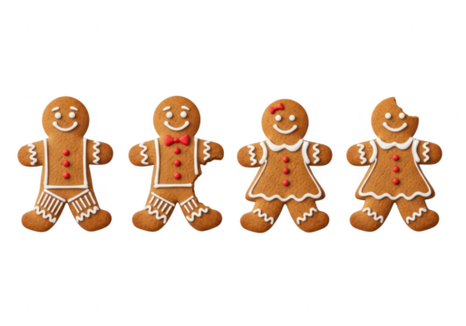 Four gingerbread cookies isolated on transparent background - Powered by Adobe