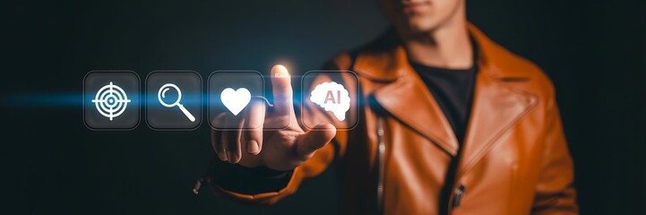 Person touching floating ai icons in futuristic digital interface  
