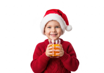 Happy boy in santa hat holding orange juice, isolated on transparent background