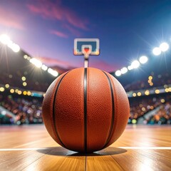Basketball on court at night, stadium setting