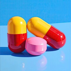 Three colorful pills on a vibrant blue surface
