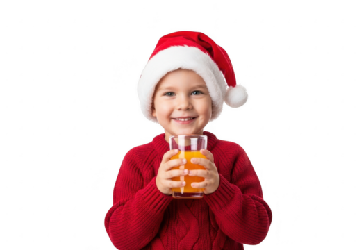 Happy boy in santa hat holding orange juice, isolated on transparent background
