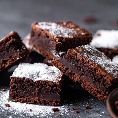 Stacked brownies, dusted with powdered sugar, on a dark gray surface