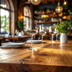Rustic restaurant table with wine glasses and plates. Sunlight highlights wood grain