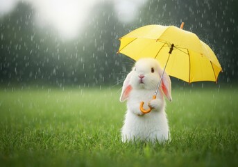 Cute rabbit holding yellow umbrella in rain on grassy field with blurred background of trees