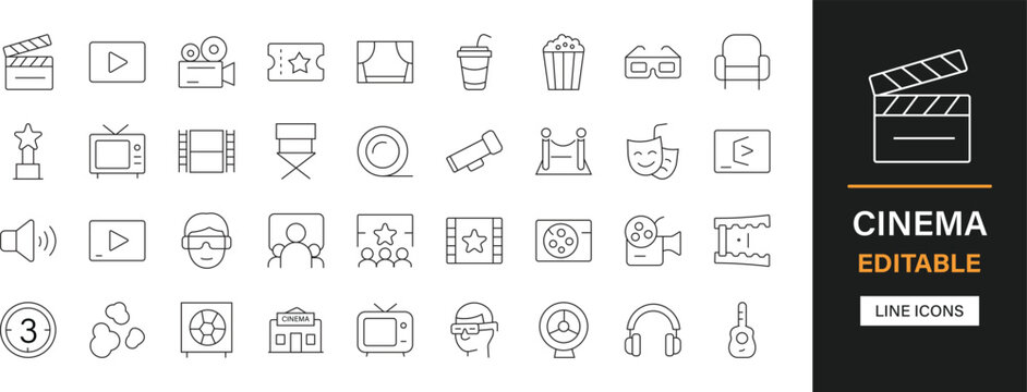 Cinema editable line icons pack. Movie, film, theater, ticket, clapperboard, projector, camera, reel, director, actor, media, entertainment, premiere and more icons.