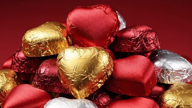 Heart-shaped chocolates in red, gold, and silver foil wrappers, stacked on a red background.