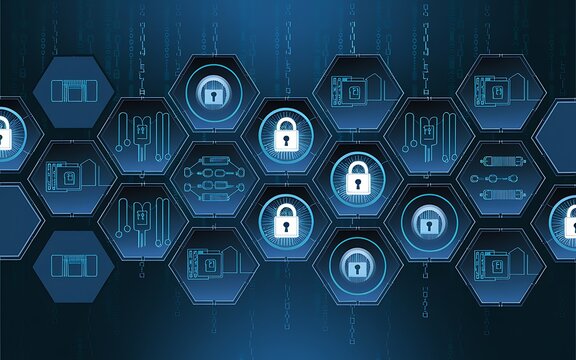 Cybersecurity Network Background with Hexagonal Digital Locks and Circuit Grid Background - Powered by Adobe