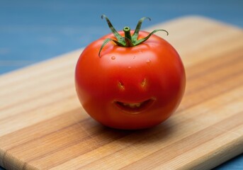 Smiling Tomato on Wooden Cutting Board with Blue Background Vibrant Healthy Food Concept