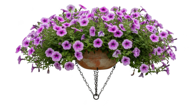 Abundant purple and white petunia flowers cascading from a hanging basket isolated on transparent background