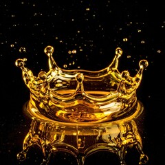 Golden crown-shaped liquid splash on dark background