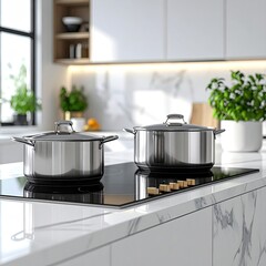 Two stainless steel pots on a modern, sleek black cooktop.  Bright, modern kitchen interior with marble countertops and a light-wood cabinetry