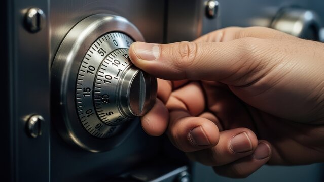Close-up of a hand turning the combination dial on a heavy, metal vault door