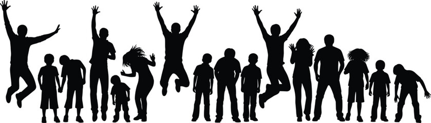 Happy People Jumping and Celebrating Silhouette Collection, Excited Adults and Children with Raised Arms, Fun, Success, and Joyful Vector Set (24 words)