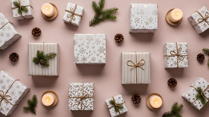 Christmas Gifts with Candles and Pine Cones on a Beige Background