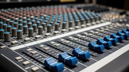 Close-up of a professional sound mixing console with knobs and faders