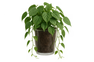 Potted philodendron plant with green heart-shaped leaves growing in clear glass pot finding light