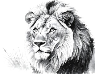 A majestic lion portrait in grayscale, showcasing detailed features, fur, and piercing eyes with a grassy foreground