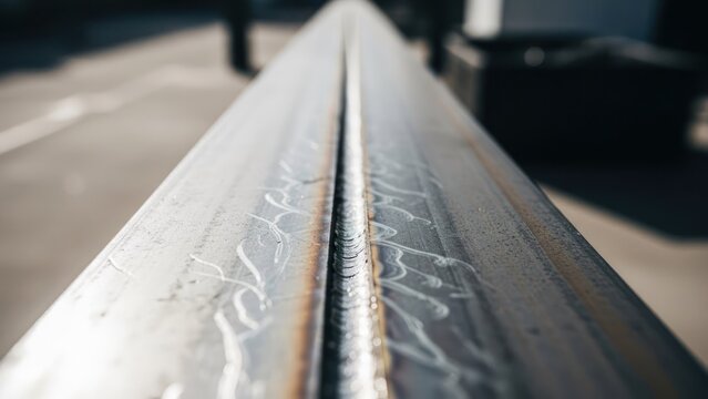 Close-up of a weld seam connecting two metal beams on an exterior structure