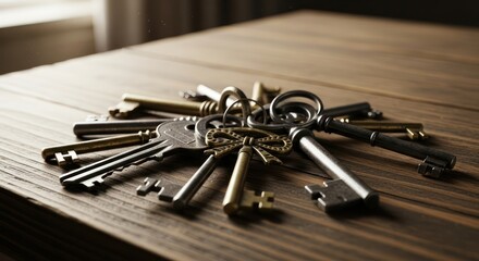 An Array of Antique Keys Displayed on a Wooden Surface Creating an Intriguing Pattern
