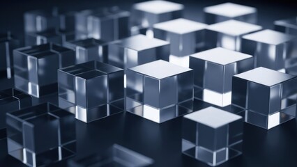 Obraz premium Close-up of clear, square blocks arranged on a dark surface, reflecting light