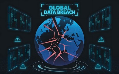 Global Data Breach Concept with Cracked Earth and Cybersecurity Warning Displays