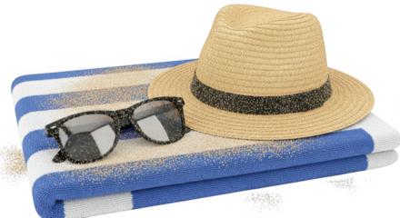 Straw hat and sunglasses resting on folded beach towel isolated on transparent background