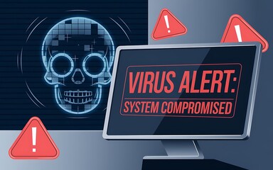 Virus Alert Notification with Glowing Digital Skull and System Compromise Warning Background