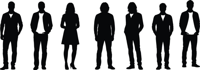 Silhouettes of diverse standing people, men and women in various poses, black outline figures, isolated group illustration for design projects