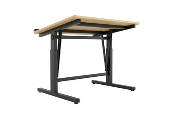 Adjustable drafting table with wooden surface and metal frame isolated on transparent background