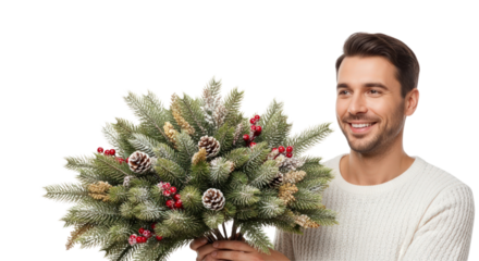 Cheerful man holds festive winter bouquet with berries and pine cones.