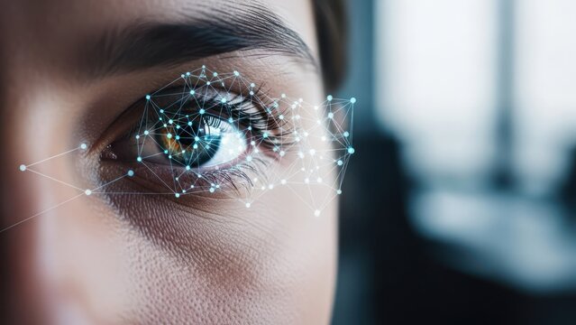 Close-up of human eye with digital overlay, emphasizing tech and biometric concepts - Powered by Adobe