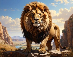 A majestic lion stands atop a rocky outcrop, surveying a valley with a river under a bright blue sky dotted with clouds