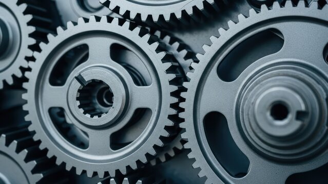 Close-up of interlocking metal gears, showcasing intricate teeth and mechanical structure