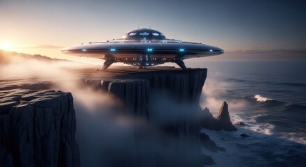 Mysterious ufo descends upon coastal cliffs overlooking the tranquil sea at twilight hour