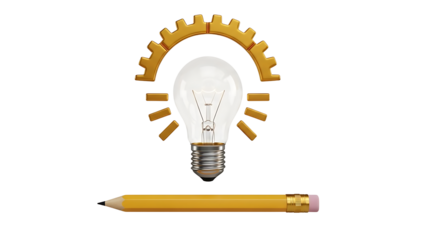 Bright idea light bulb and pencil symbolizing creativity and innovation isolated on transparent background, png